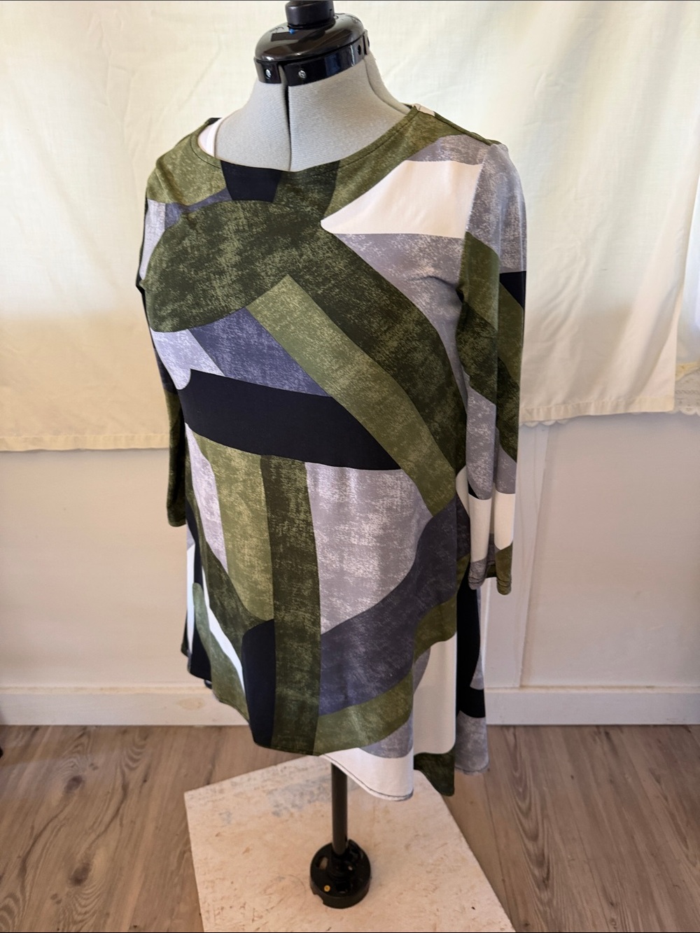 Alfani Olive Green, Black & White Abstract Tunic